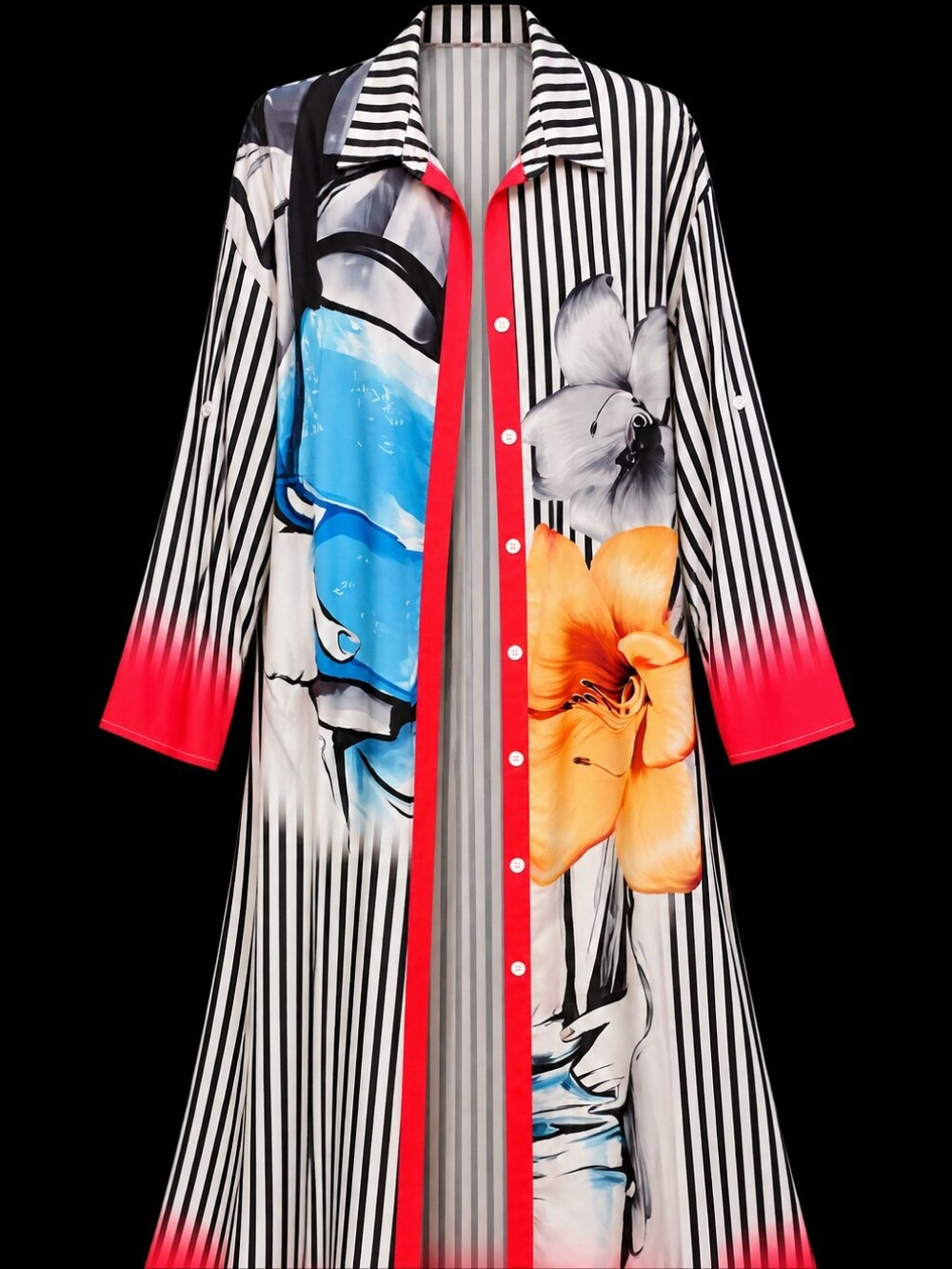 Floral Striped Maxi Duster Shirt Dress Long Button Front 2 XL